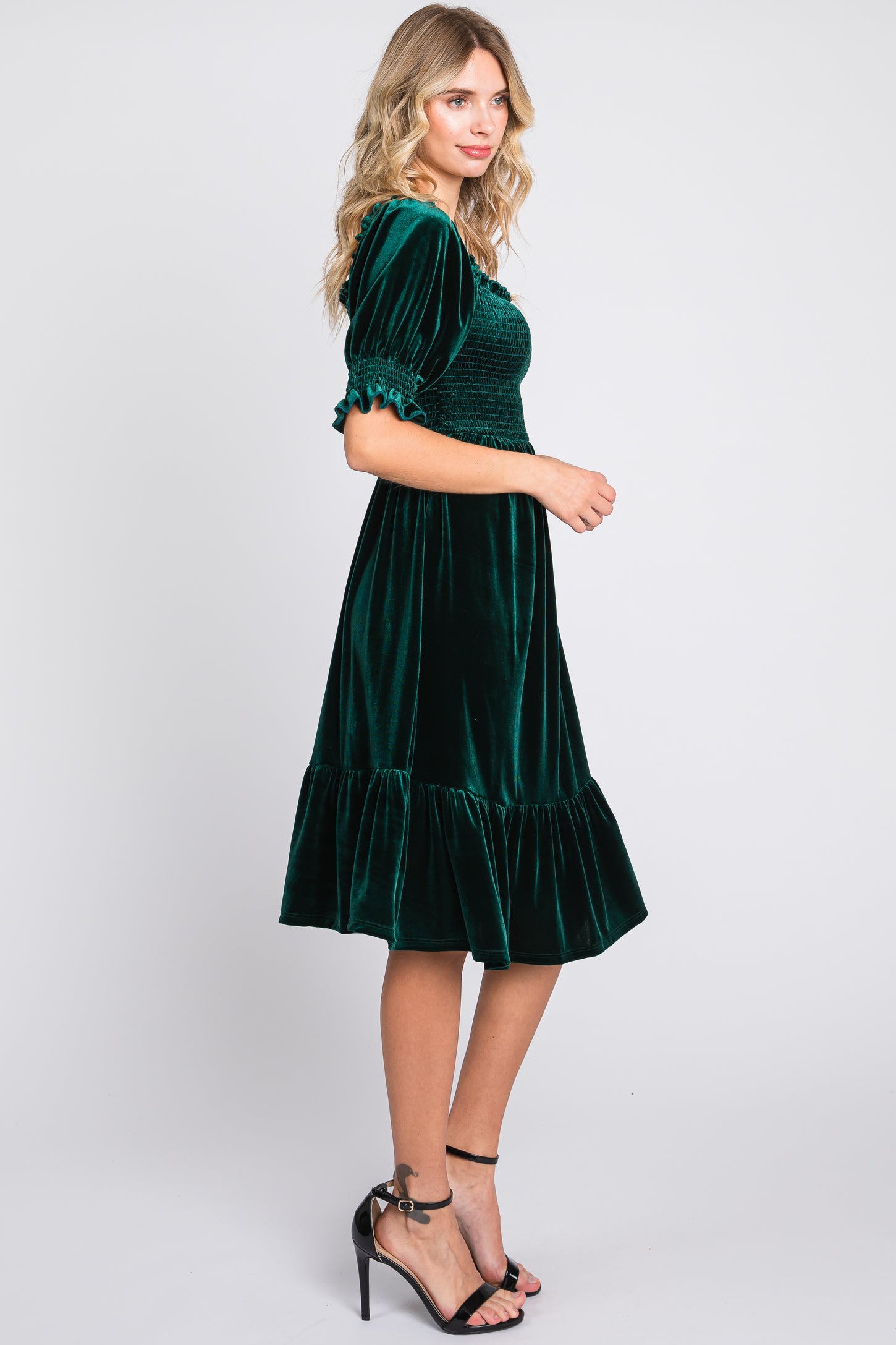 Forest Green Velvet Smocked Puff Sleeve Dress PinkBlush Forest Green Velvet Smocked Puff Sleeve Dress PinkBlush