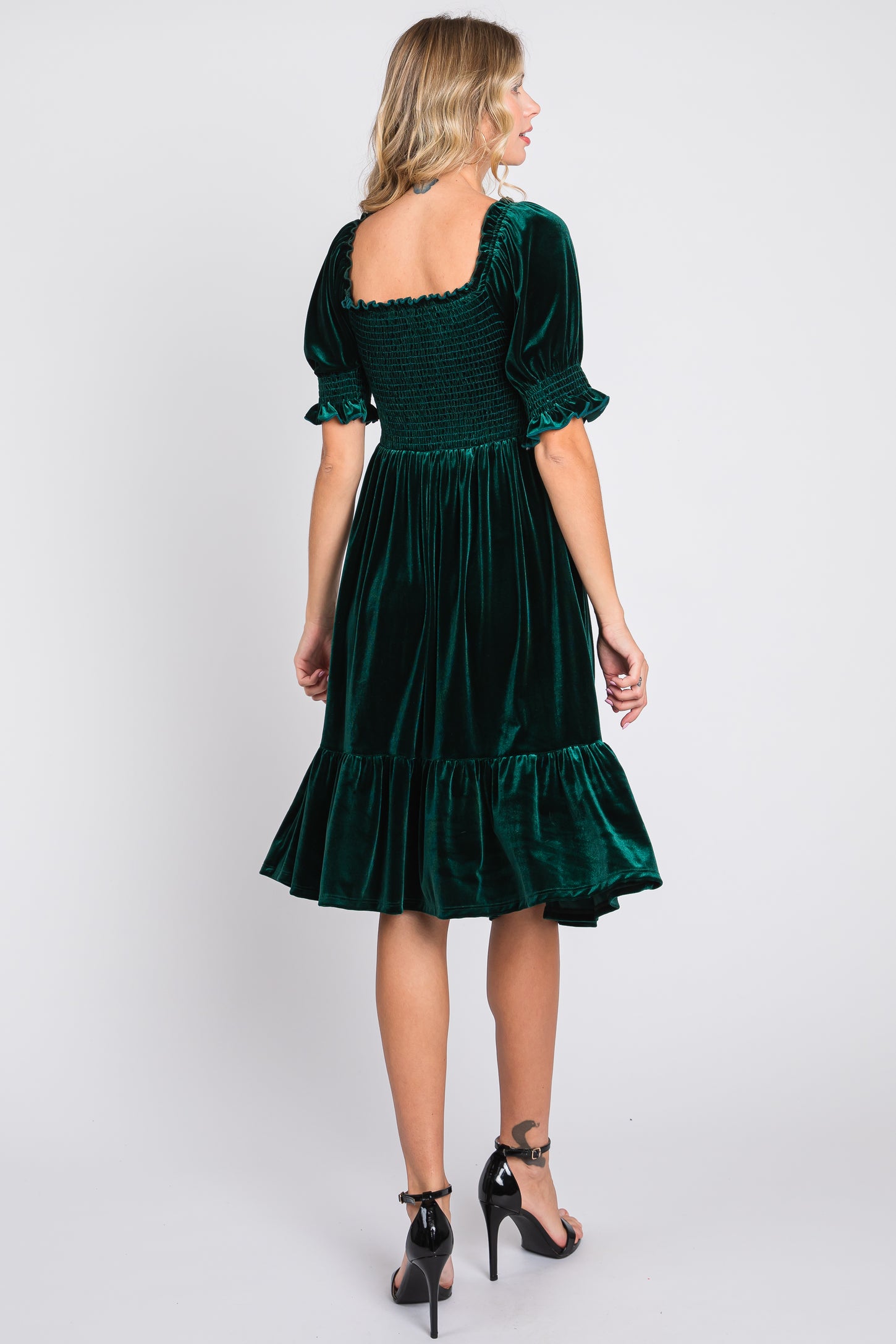 Forest Green Velvet Smocked Puff Sleeve Dress