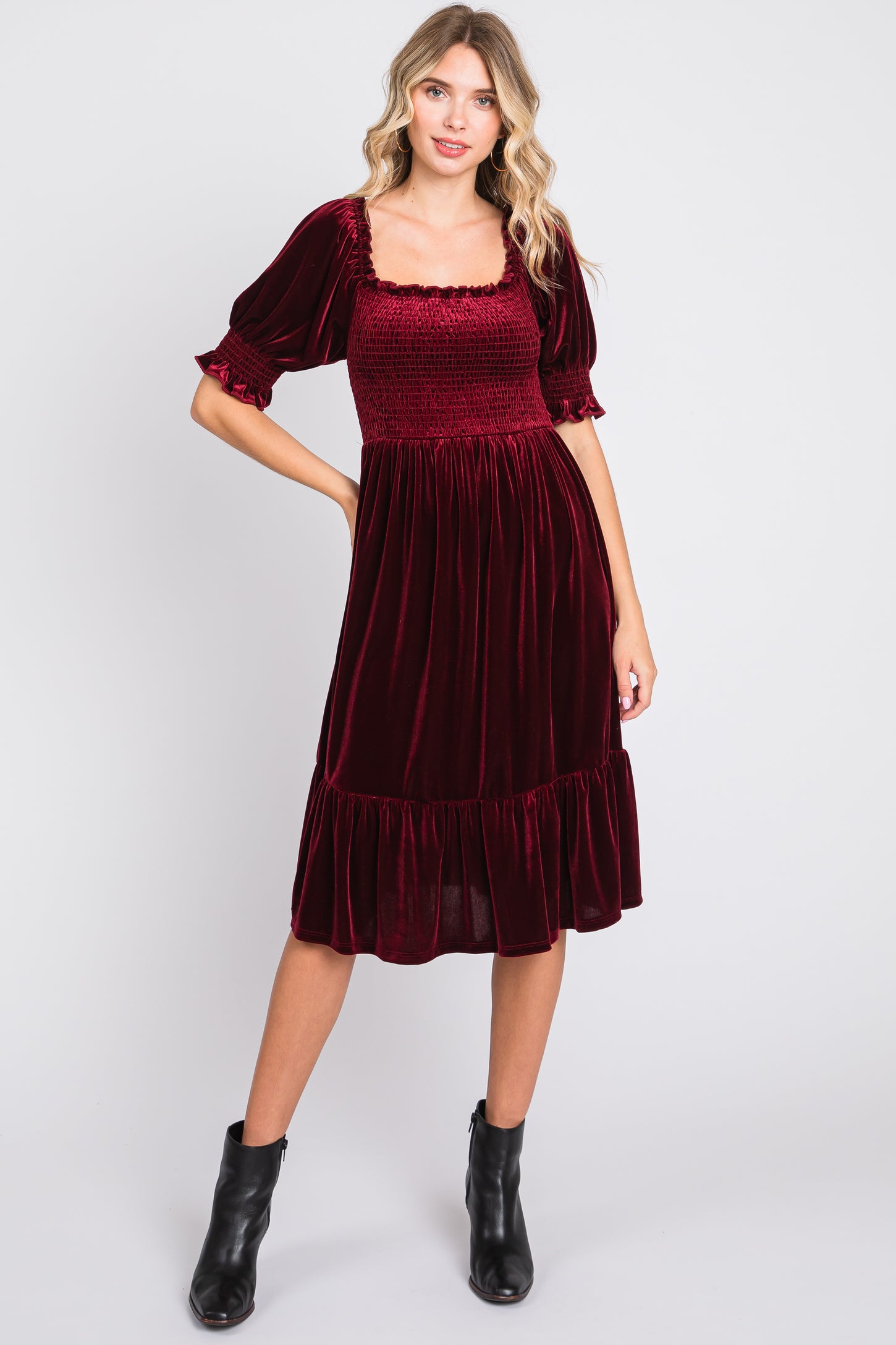Burgundy Velvet Smocked Puff Sleeve Dress – PinkBlush