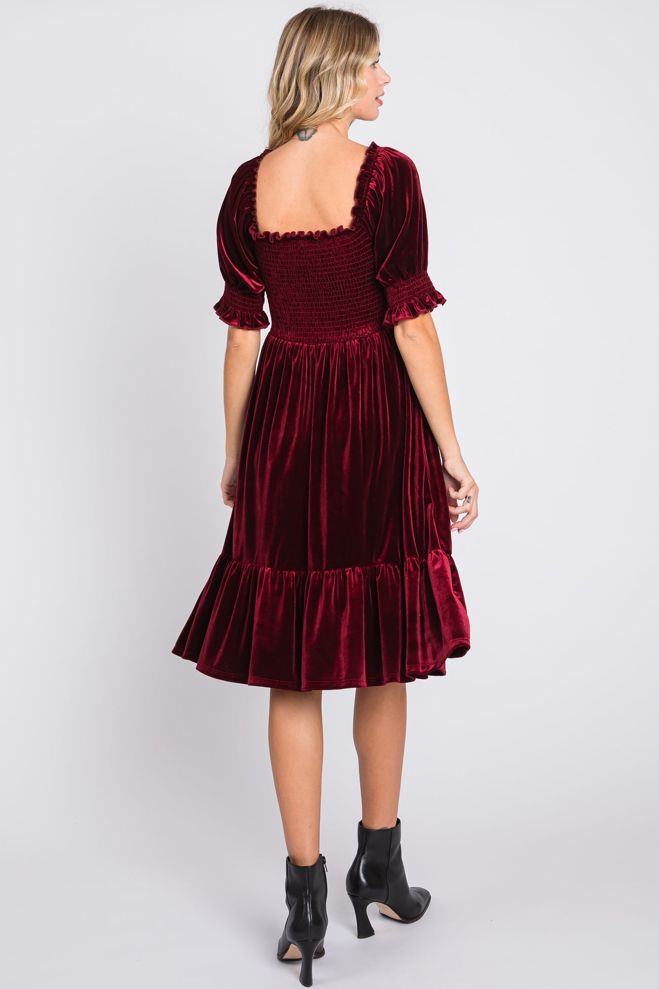 Burgundy Velvet Smocked Puff Sleeve Dress – PinkBlush