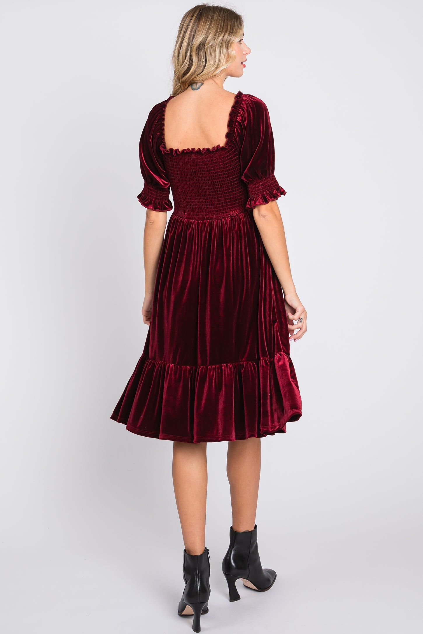 Burgundy Velvet Smocked Puff Sleeve Dress