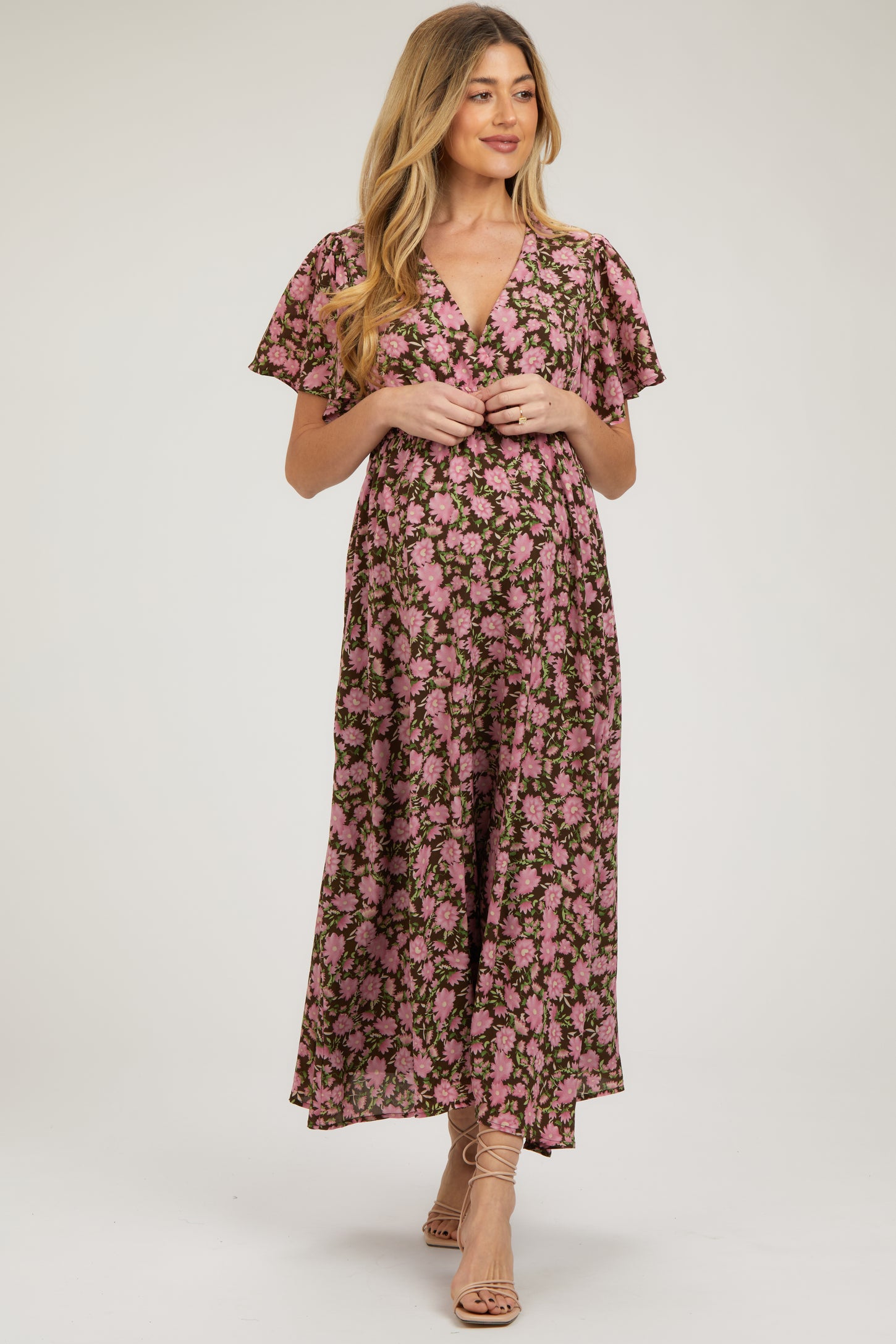 Brown Floral Smocked Waist Maternity Maxi Dress PinkBlush Brown Floral Smocked Waist Maternity Maxi Dress PinkBlush