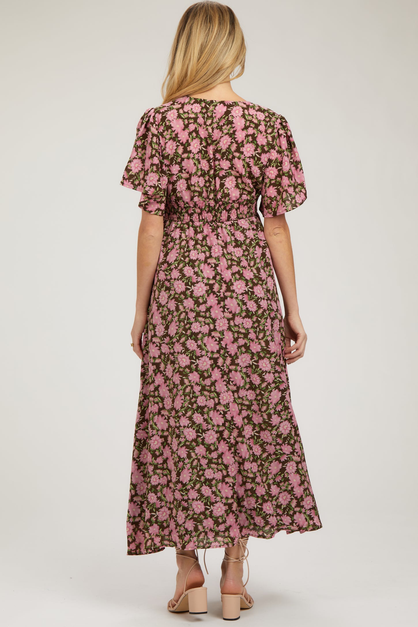 Brown Floral Smocked Waist Maternity Maxi Dress