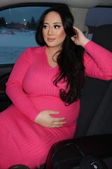 Pink Rib Knit Collared Maternity Maxi Dress