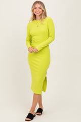 Lime Ribbed Mock Neck Long Sleeve Midi Dress
