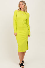 Lime Ribbed Mock Neck Long Sleeve Maternity Midi Dress
