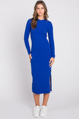 Royal Blue Ribbed Mock Neck Long Sleeve Midi Dress