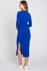 Royal Blue Ribbed Mock Neck Long Sleeve Midi Dress