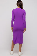 Purple Ribbed Mock Neck Long Sleeve Maternity Midi Dress