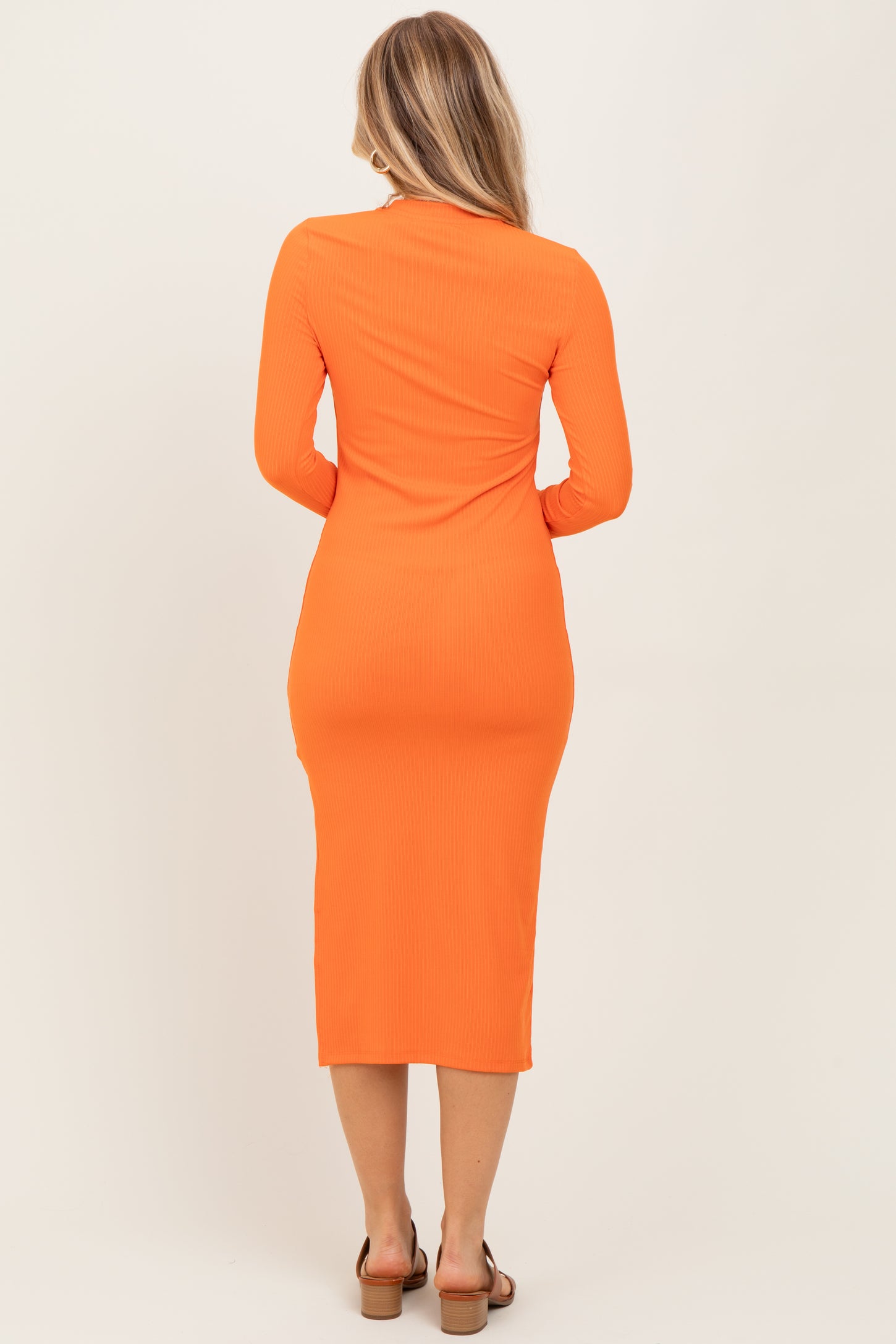 midi dress bodycon long sleeve Orange Ribbed Mock Neck Long Sleeve Midi Dress