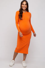 Orange Ribbed Mock Neck Long Sleeve Maternity Midi Dress