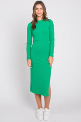 Green Ribbed Mock Neck Long Sleeve Maternity Midi Dress