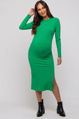 Green Ribbed Mock Neck Long Sleeve Maternity Midi Dress