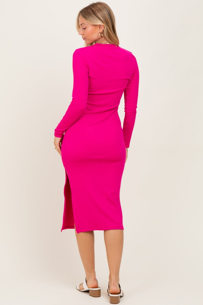 hot pink midi dress with sleeves Fuchsia Ribbed Mock Neck Long Sleeve Formal Western Dresses - Made from 30% silk Bundle sale COLOR:Cinnamon