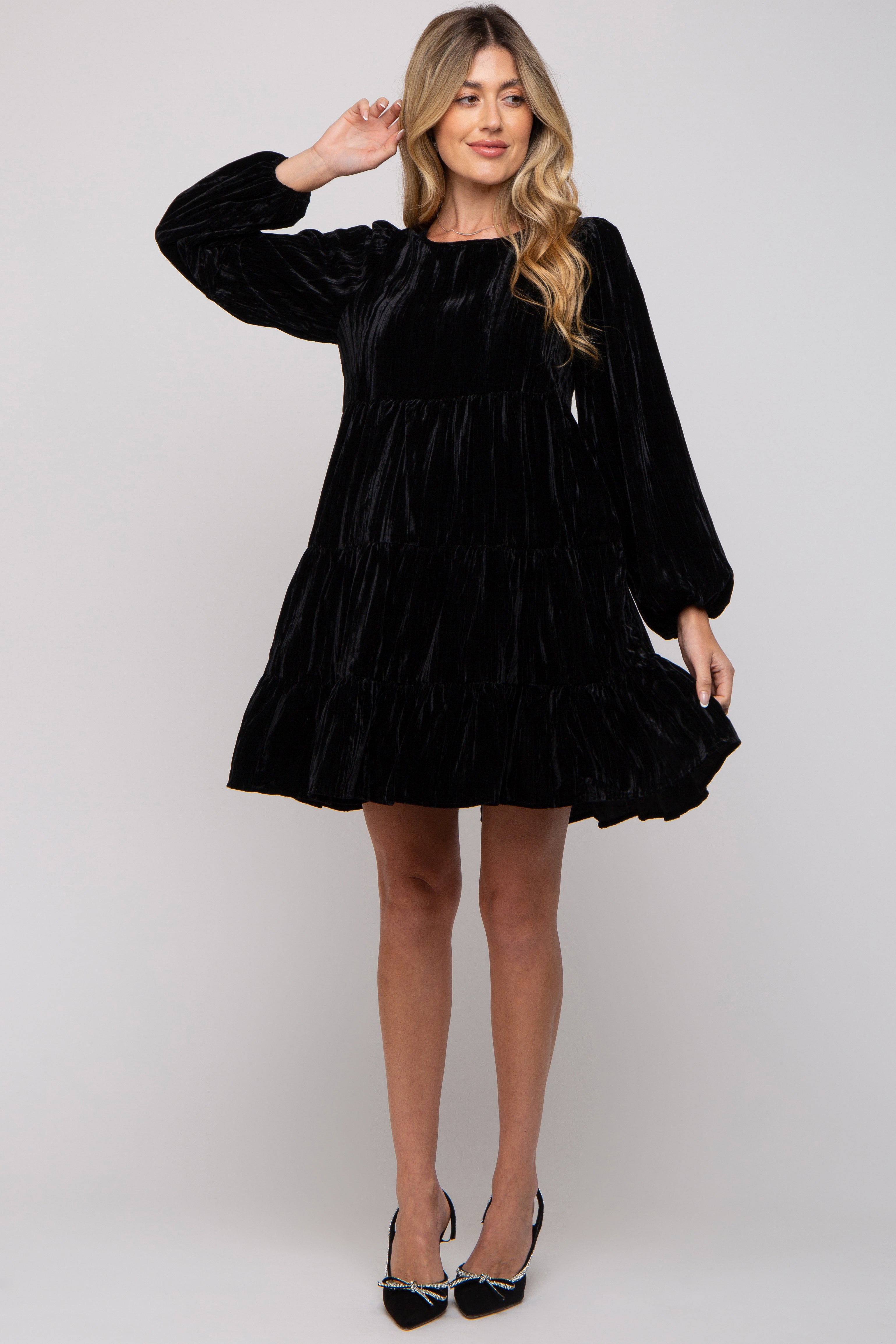 Black Velvet Tiered Long Sleeve Maternity Dress – PinkBlush