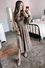 Taupe Scatter Dot Print Smocked Detail Midi Dress