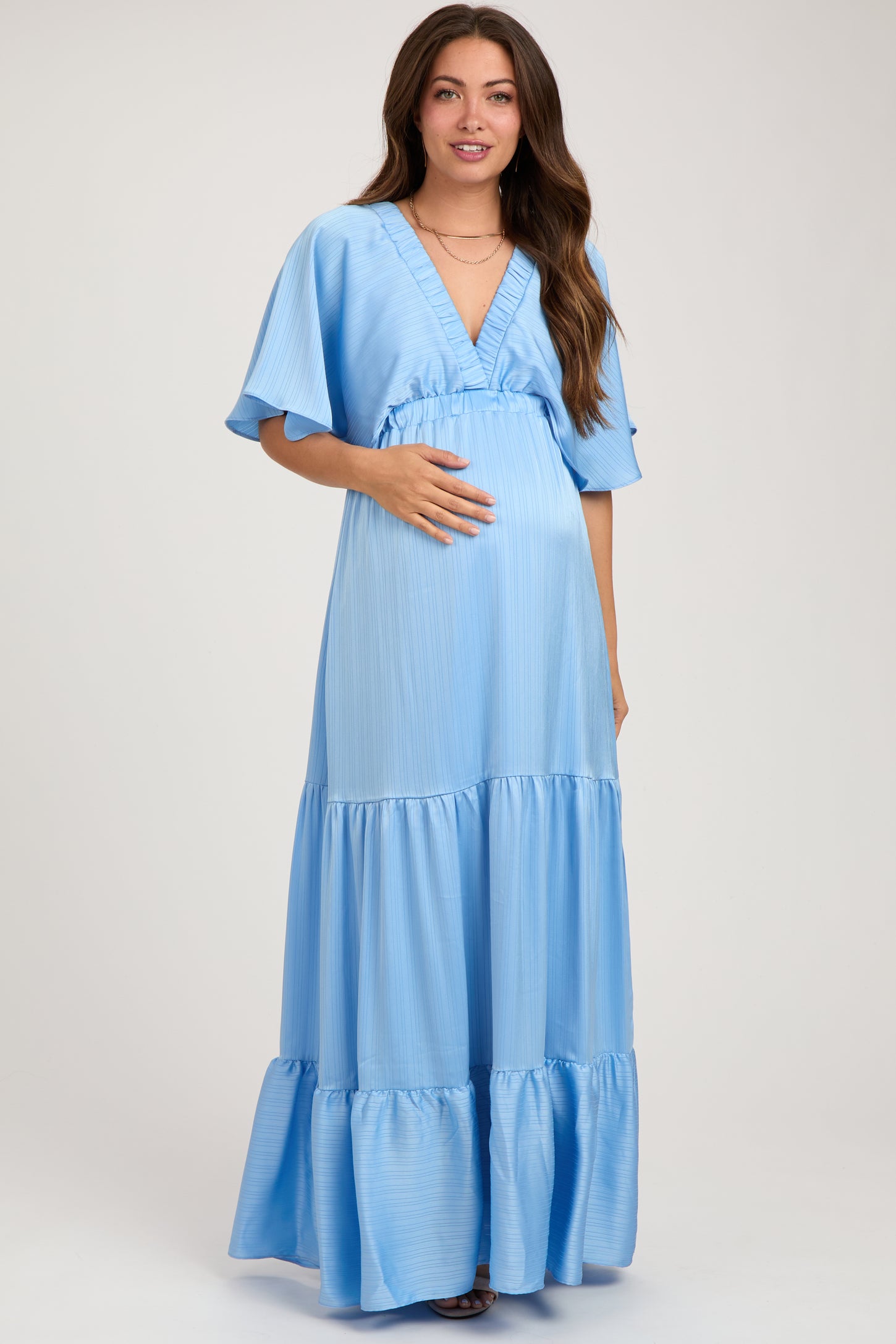 Light Blue V-Neck Flutter Sleeve Tiered Maternity Maxi Dress PinkBlush Light Blue V-Neck Flutter Sleeve Tiered Maternity Maxi Dress PinkBlush
