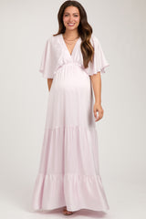 Light Pink V-Neck Flutter Sleeve Tiered Maternity Maxi Dress
