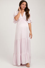 Light Pink V-Neck Flutter Sleeve Tiered Maternity Maxi Dress
