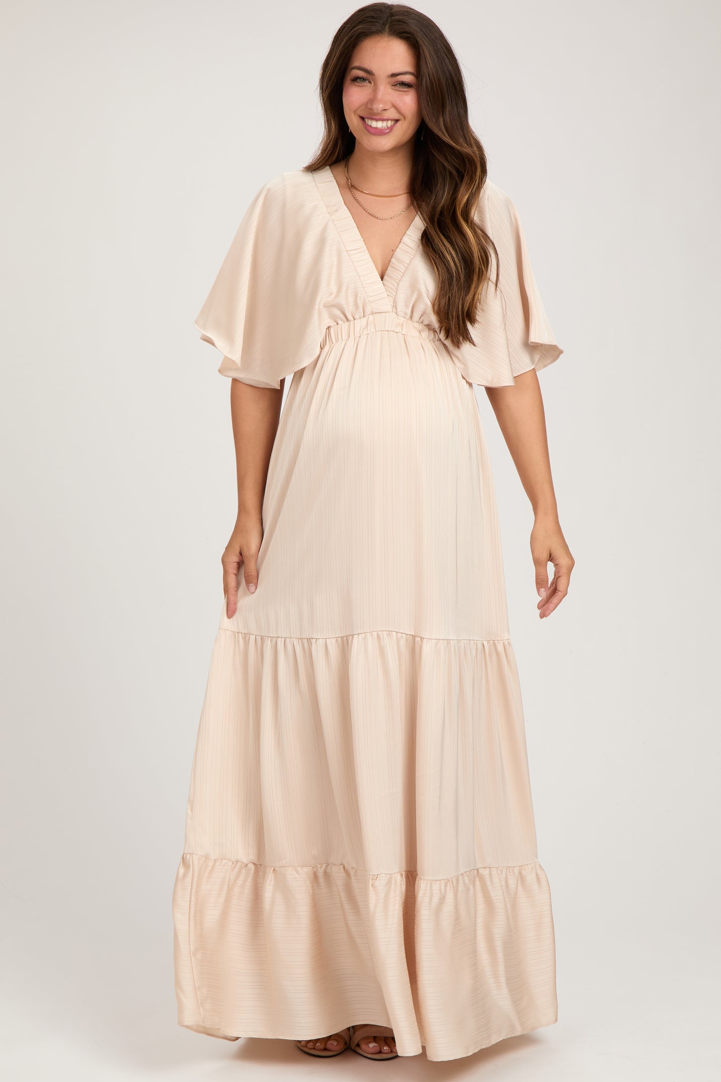 Beige V-Neck Flutter Sleeve Tiered Maternity Maxi Dress – PinkBlush