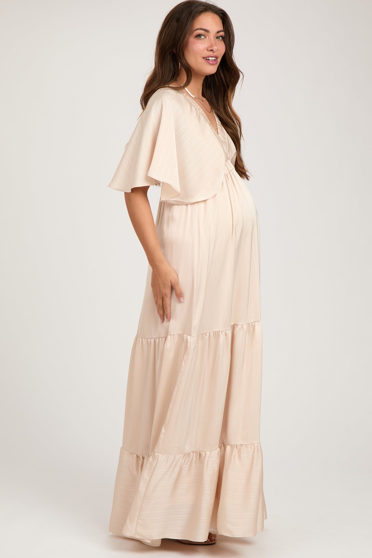 Beige V-Neck Flutter Sleeve Tiered Maternity Maxi Dress – PinkBlush