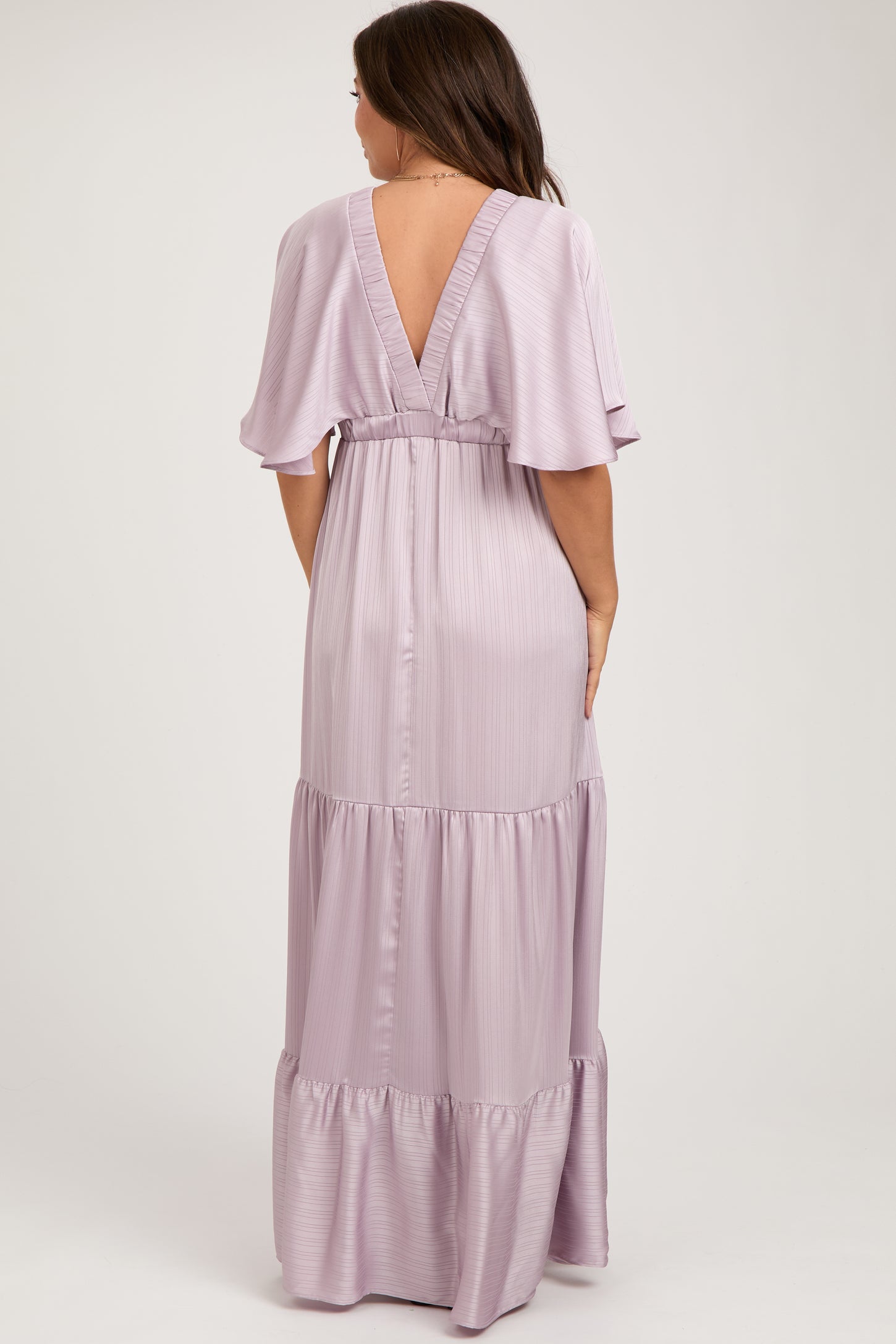 Lavender V-Neck Flutter Sleeve Tiered Maternity Maxi Dress PinkBlush Lavender V-Neck Flutter Sleeve Tiered Maternity Maxi Dress PinkBlush