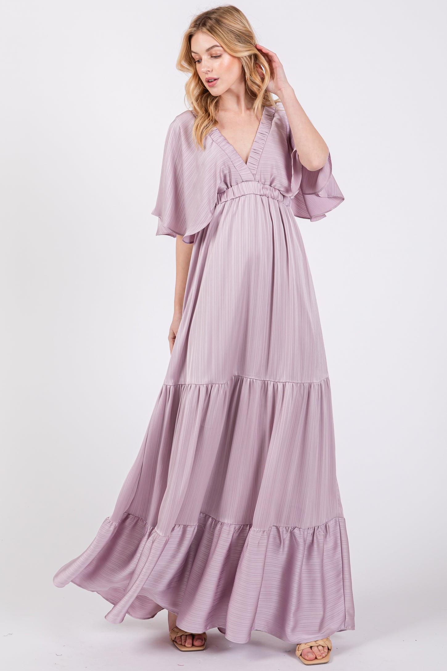 Lavender V-Neck Flutter Sleeve Tiered Maternity Maxi Dress PinkBlush Lavender V-Neck Flutter Sleeve Tiered Maternity Maxi Dress PinkBlush