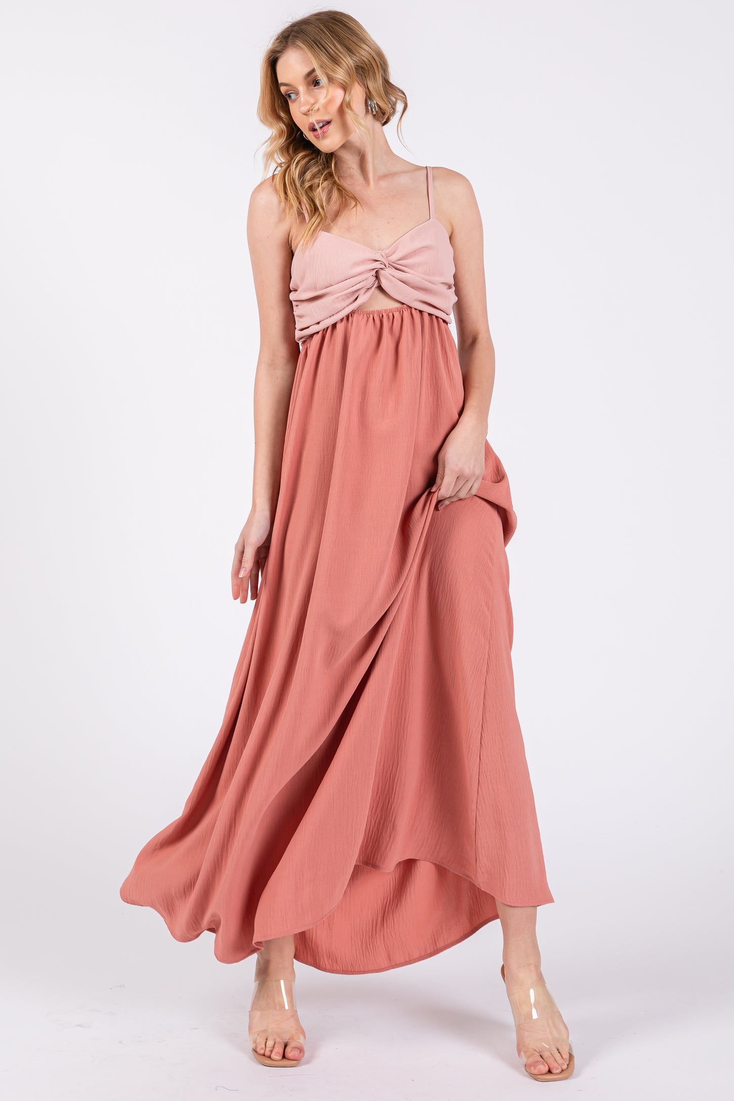 Mauve Color Block Front Cutout Sleeveless Midi Dress PinkBlush Mauve Color Block Front Cutout Sleeveless Midi Dress PinkBlush