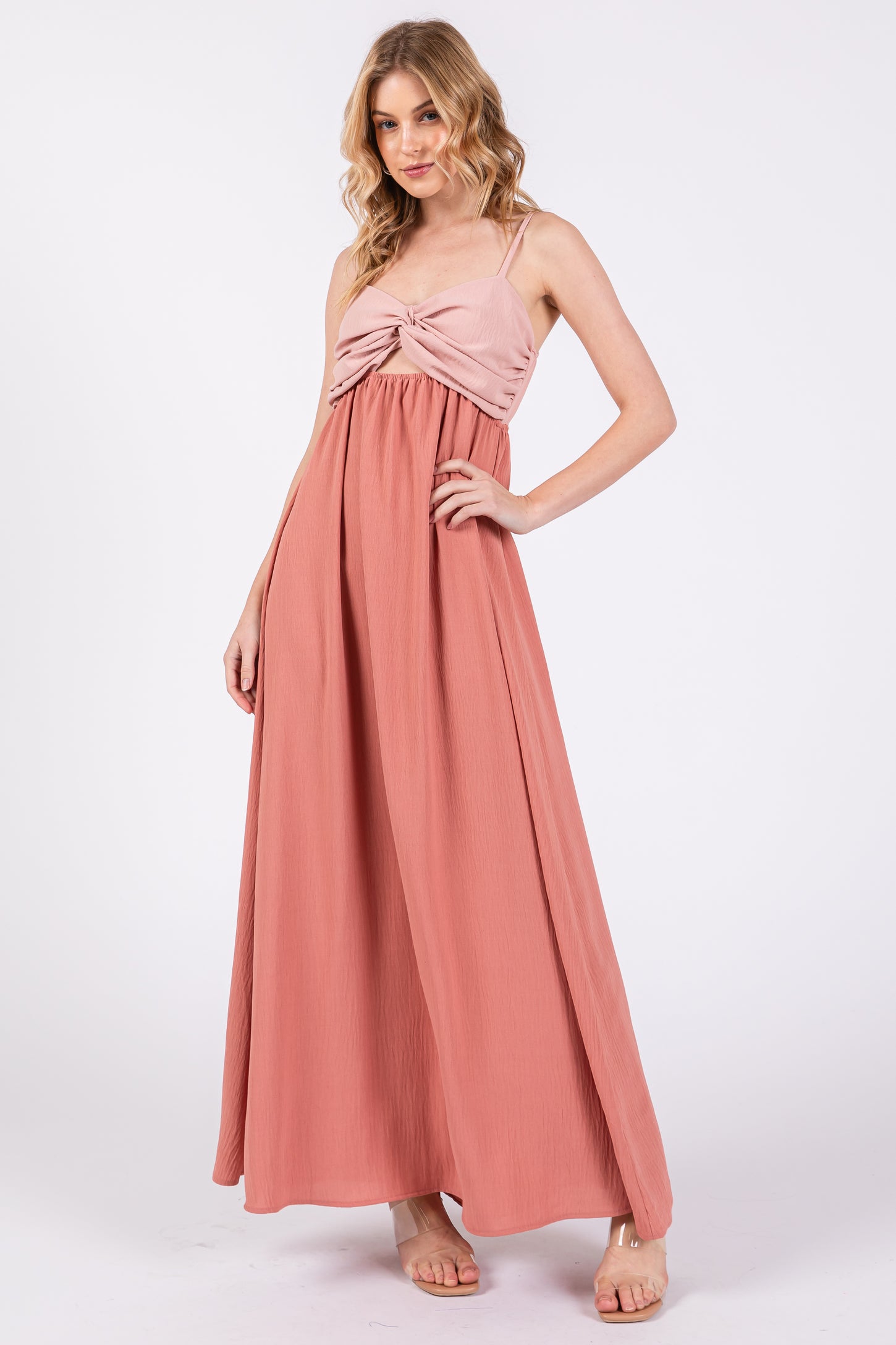 Mauve Color Block Front Cutout Sleeveless Midi Dress PinkBlush Mauve Color Block Front Cutout Sleeveless Midi Dress PinkBlush