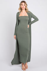 Olive Ribbed Sleeveless Dress Cardigan Set