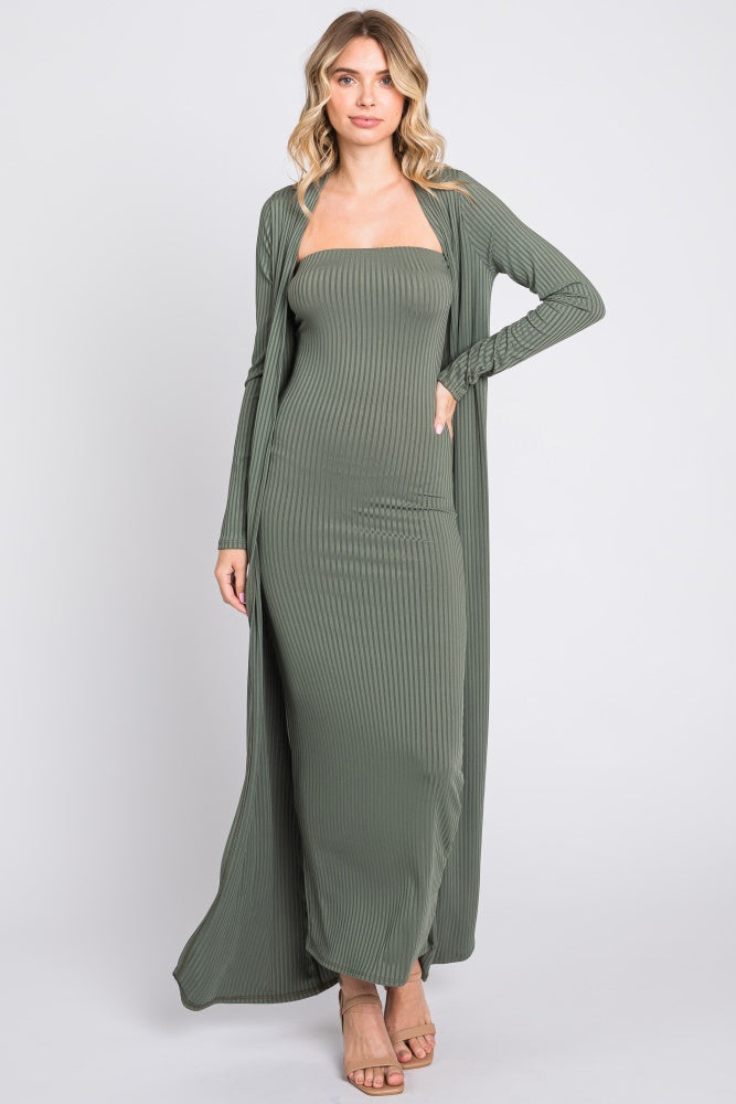Olive Ribbed Sleeveless Dress Cardigan Set – PinkBlush