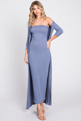 Blue Ribbed Sleeveless Dress Cardigan Set