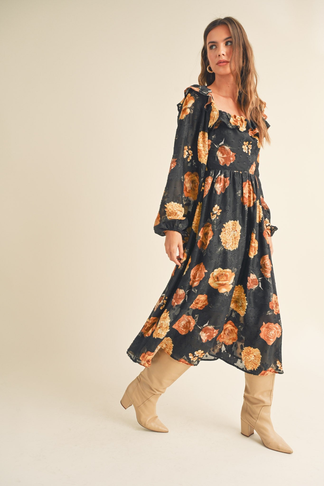 Black Floral Jacquard Chiffon Balloon Sleeve Midi Dress PinkBlush Black Floral Jacquard Chiffon Balloon Sleeve Midi Dress PinkBlush