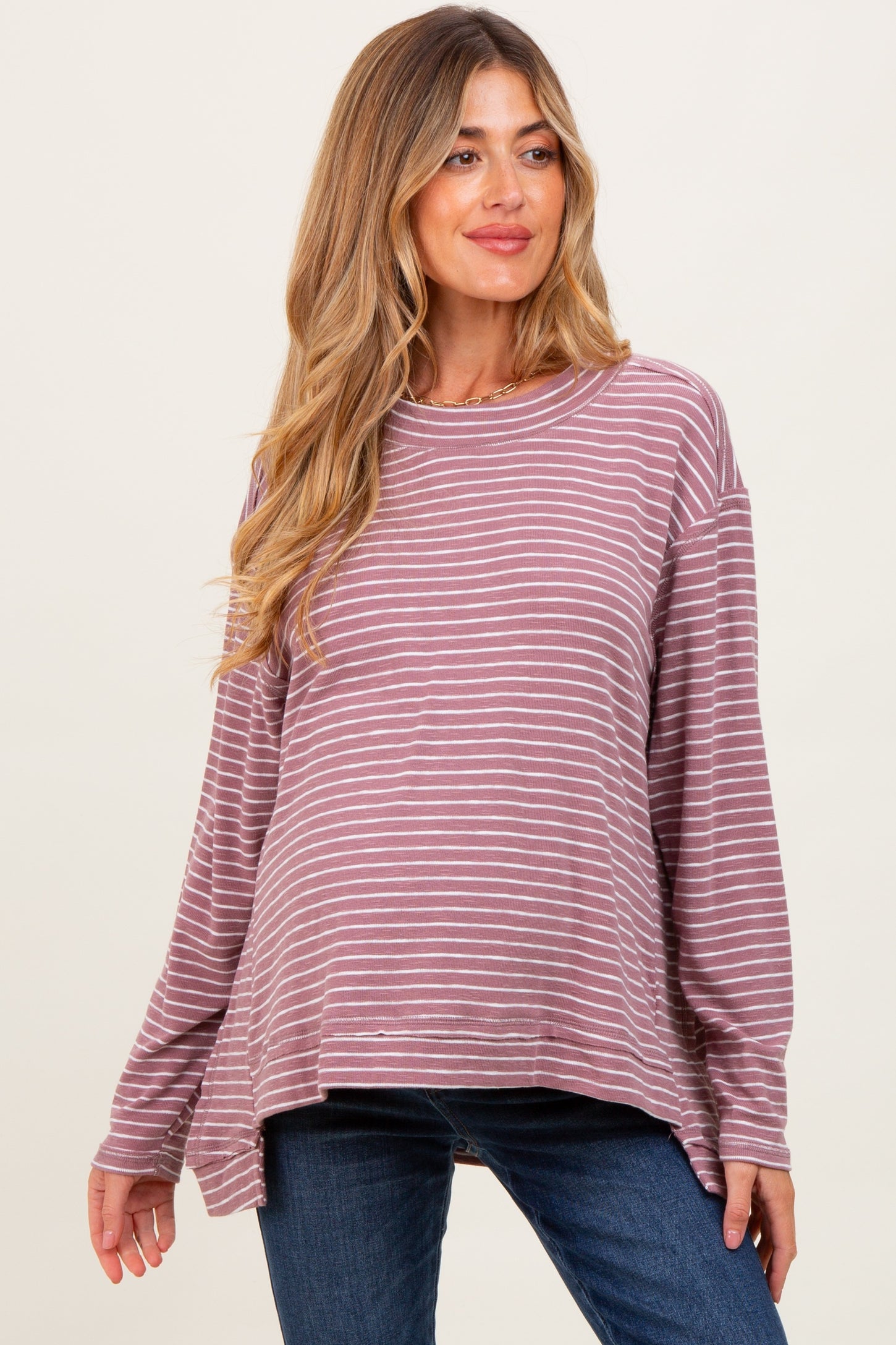 Mauve Crewneck  Slouchy Stripe Maternity Top