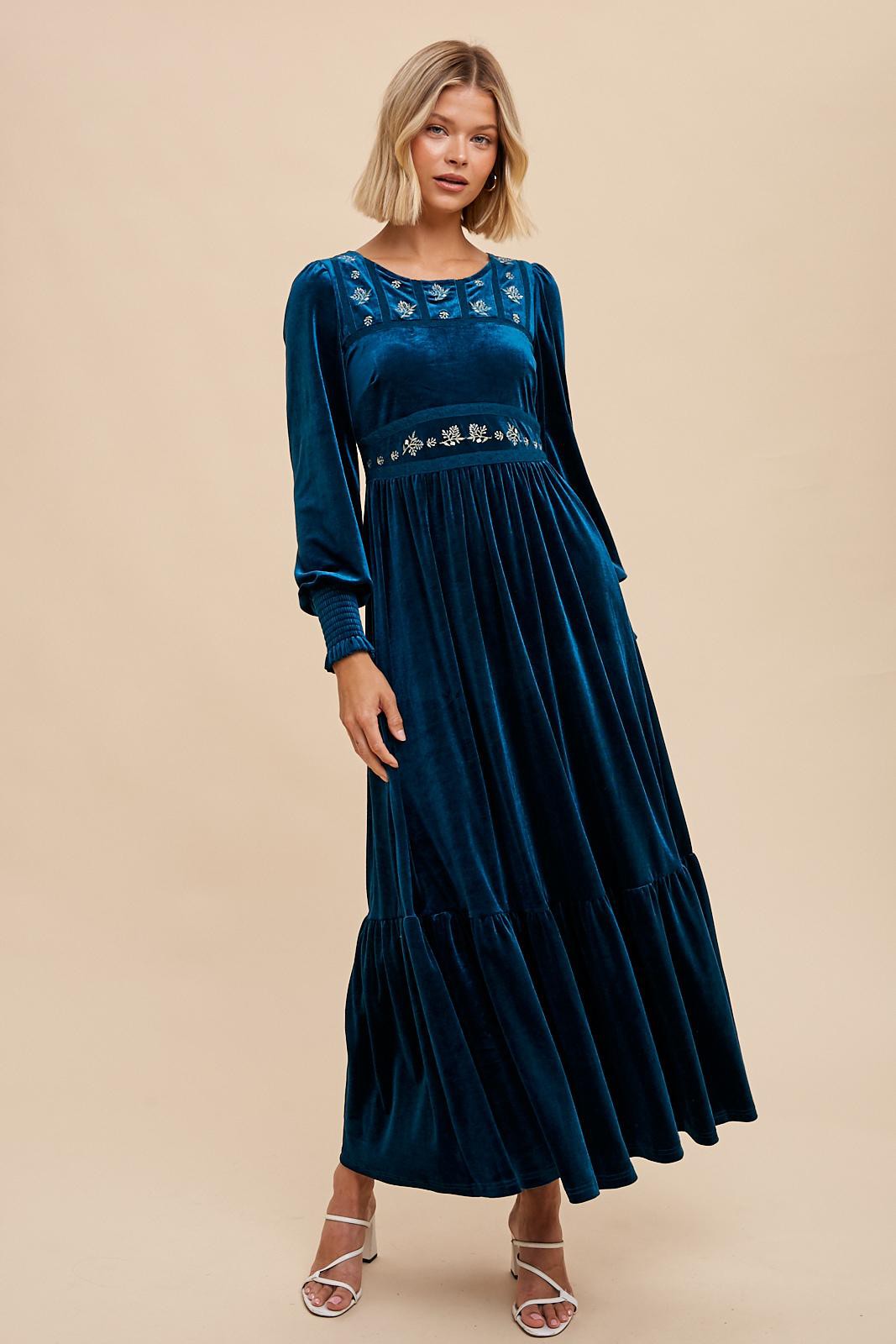 Emerald Teal Folklore Embroidered Velvet Dress – PinkBlush