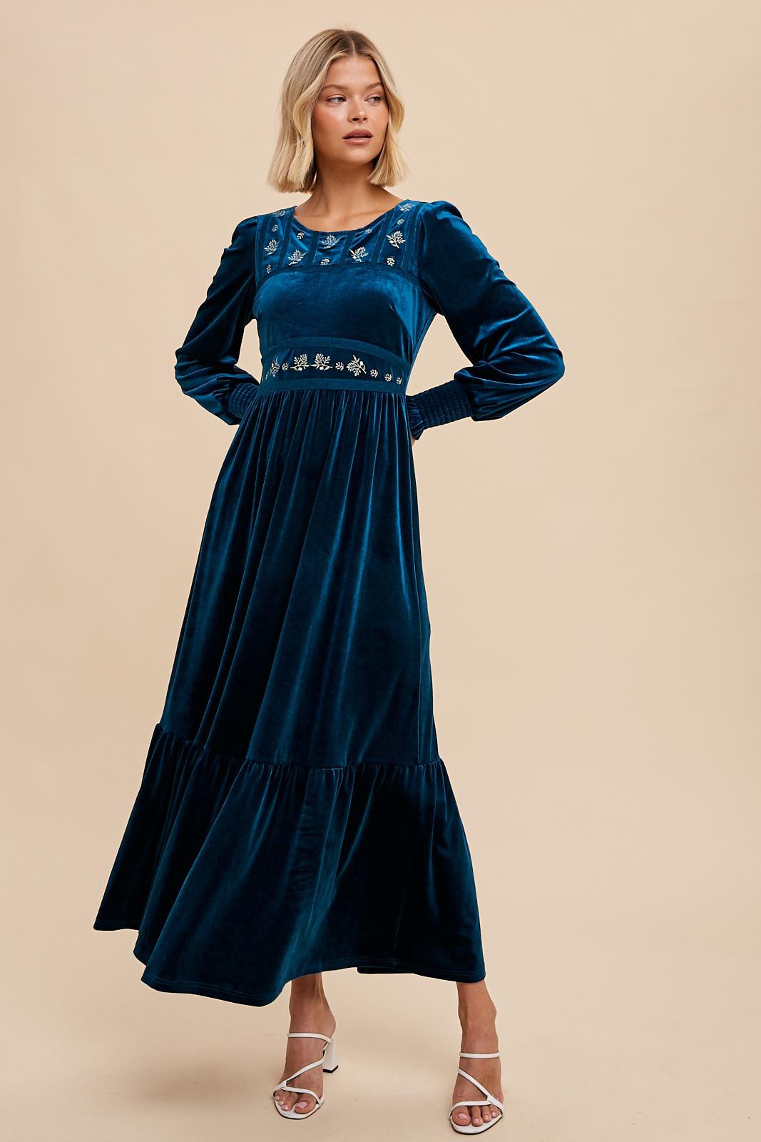 blue velvet embroidered dress Blue Velvet Velvet Embroidered Gown Luxury Navy Blue Mermaid Embroidered Long Tail Muslim Party Dress 36