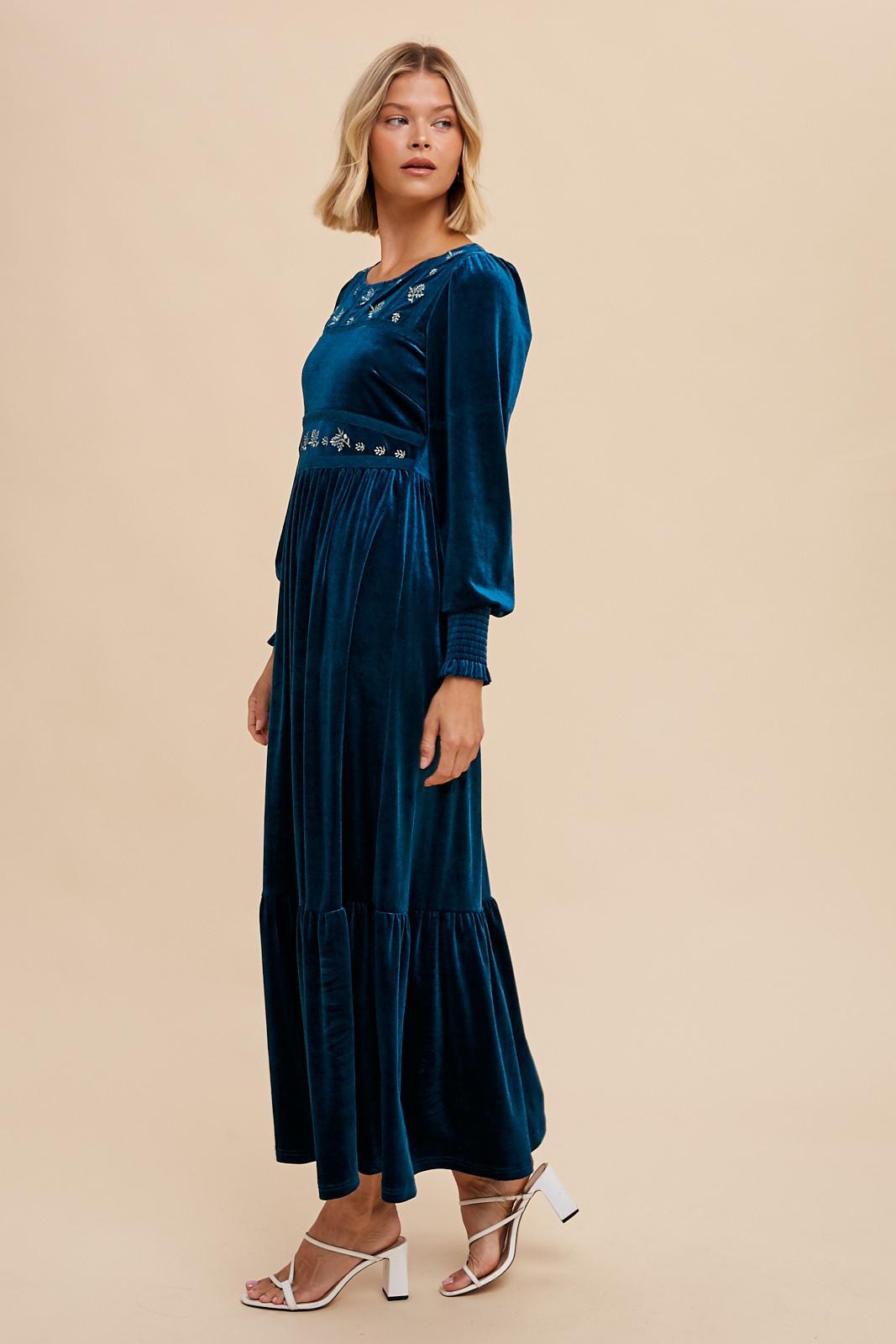 Emerald Teal Folklore Embroidered Velvet Dress PinkBlush Emerald Teal Folklore Embroidered Velvet Dress PinkBlush