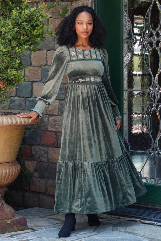 Olive Folklore Embroidered Velvet Dress  PinkBlush