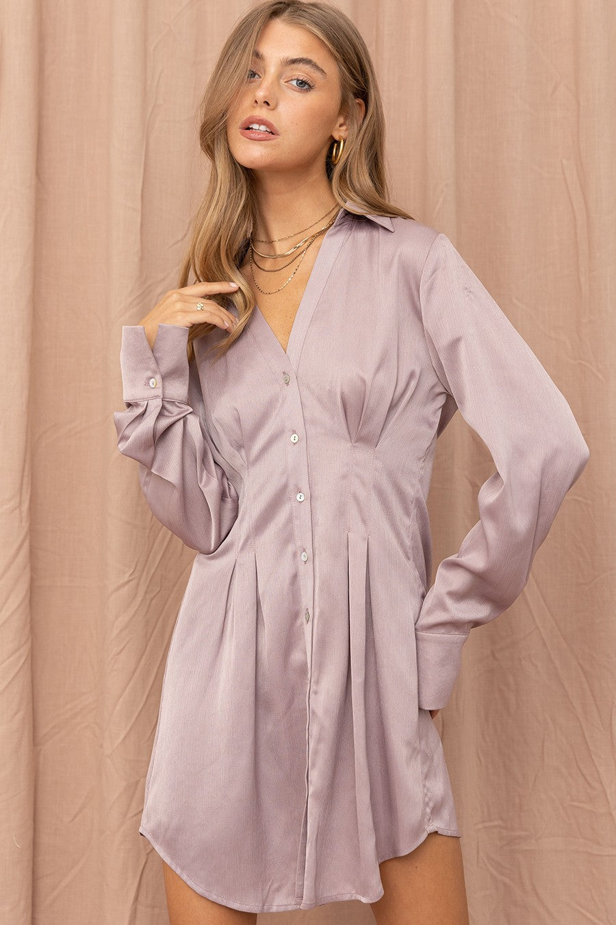 Ash Lilac Satin Shirt Dress – PinkBlush - Main Image