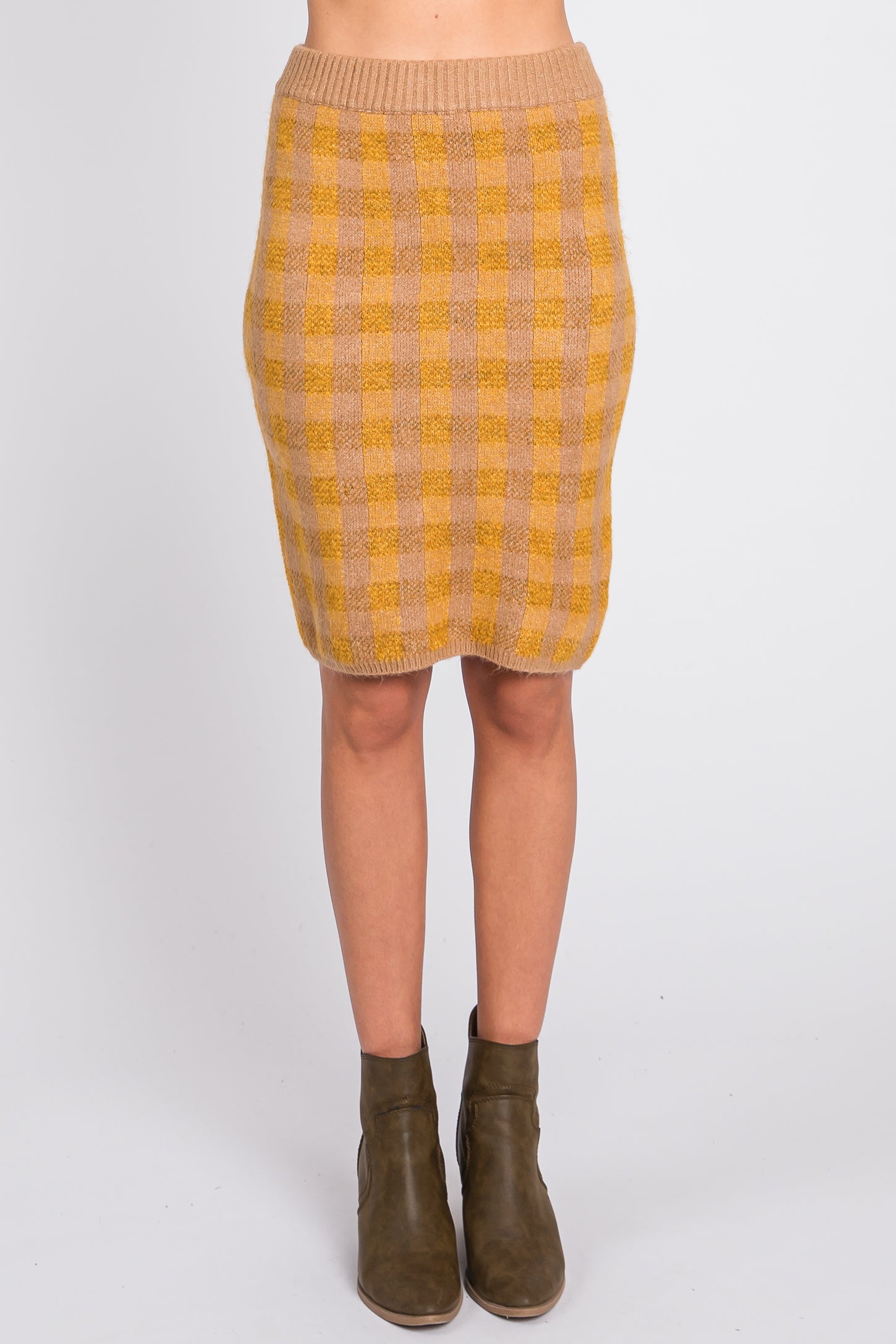 Camel Plaid Fuzzy Knit Fitted Skirt