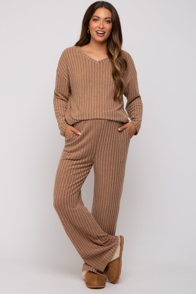 Mocha Ribbed Soft Knit Long Sleeve Maternity Pajama Set – PinkBlush