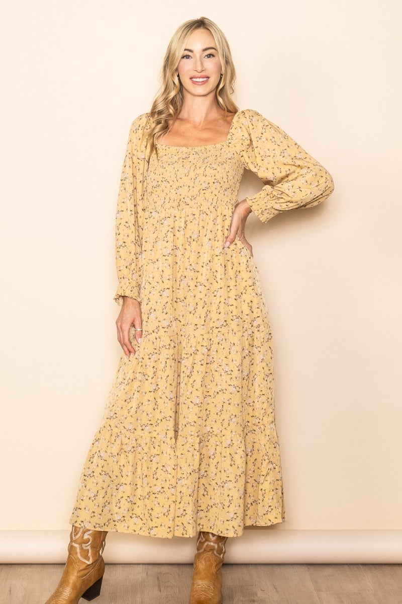mustard yellow long sleeve dress Floral Smocked Maxi Pattern Type Größe:Größe 10 fabrication:PU White Off Shoulder Open