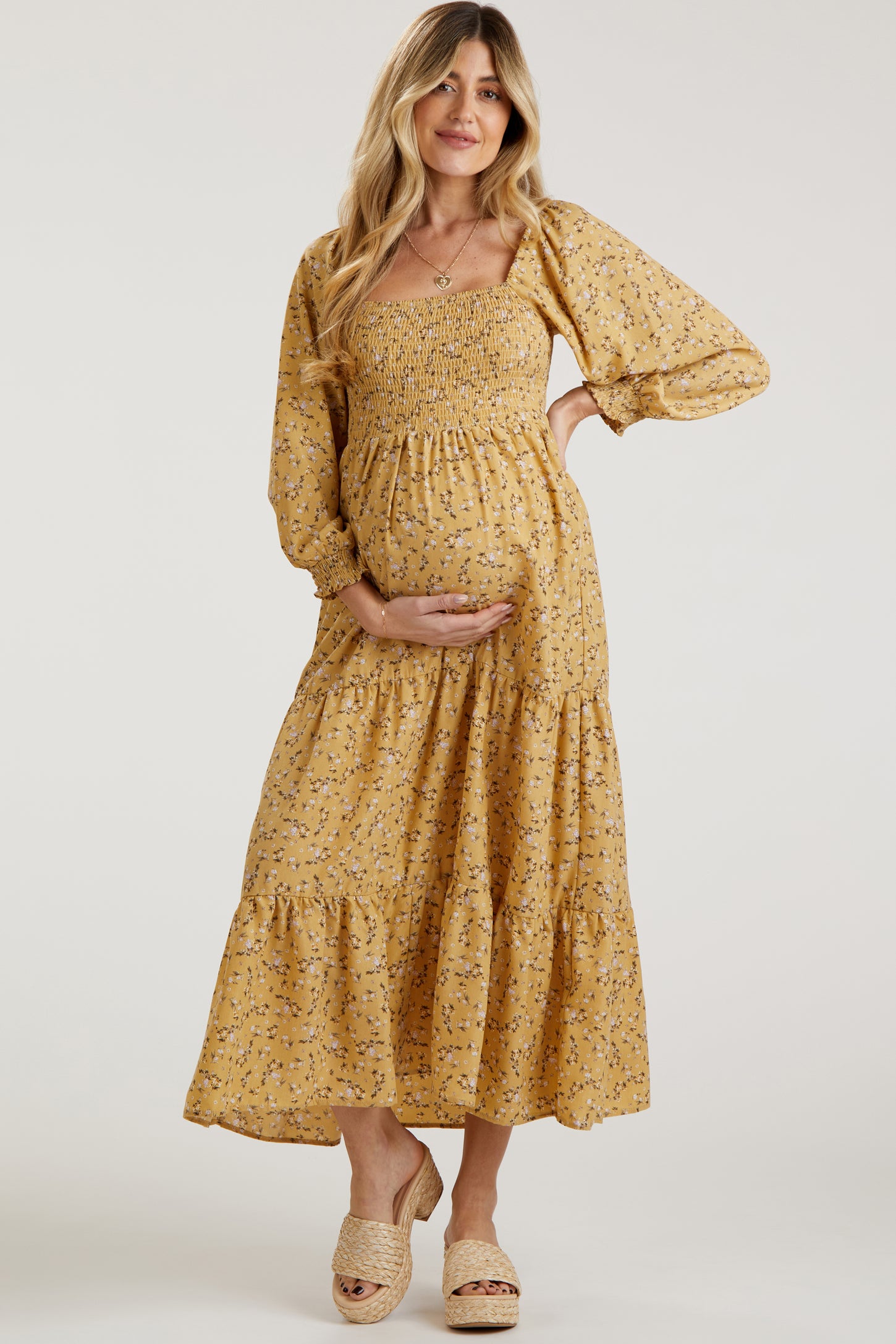 Yellow Floral Smocked Long Sleeve Maternity Maxi Dress PinkBlush Yellow Floral Smocked Long Sleeve Maternity Maxi Dress PinkBlush