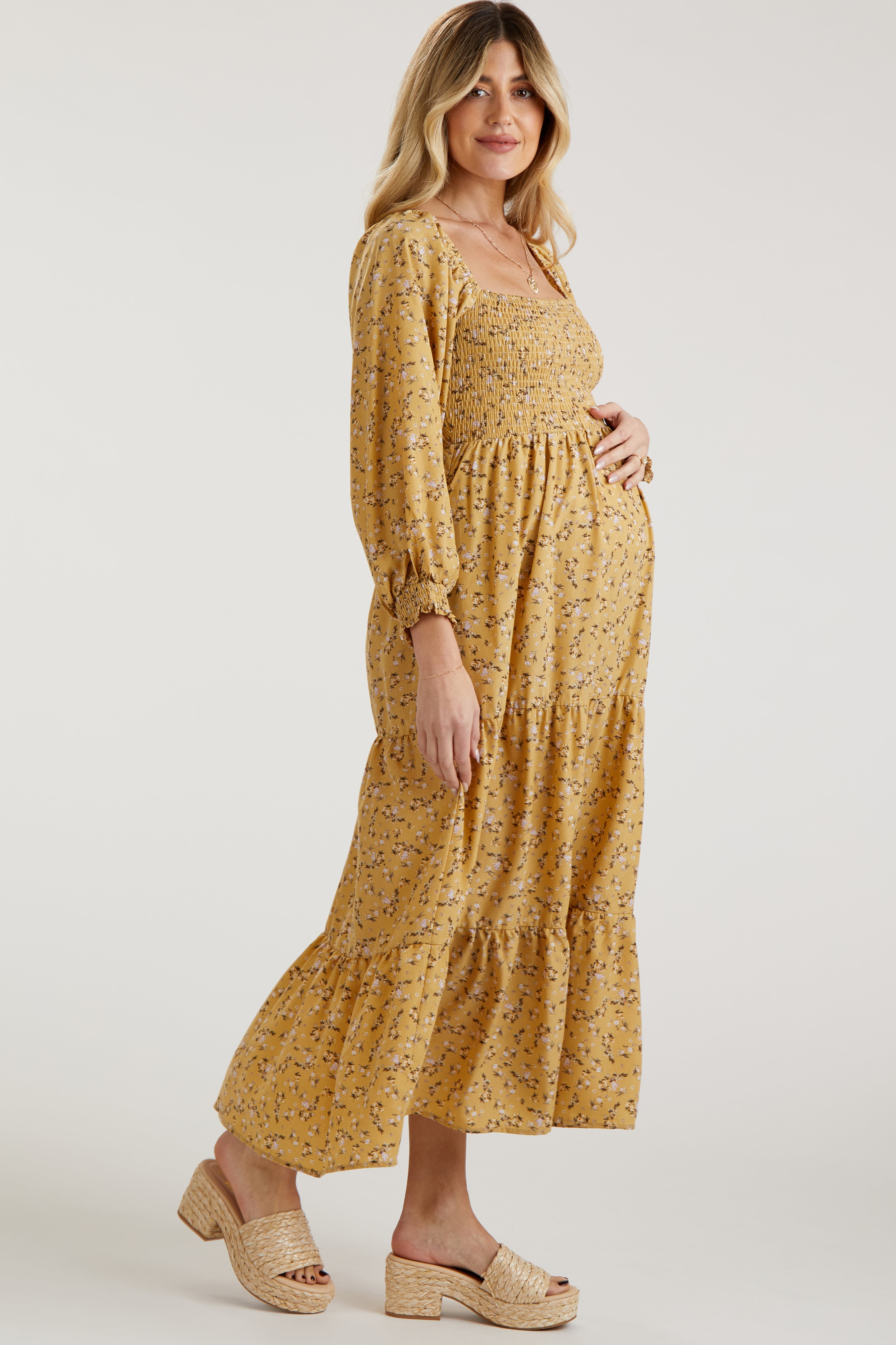 yellow long sleeve maternity dress Bell Sleeve Cross Bust Flare Maternity Gown, Yellow / XL
