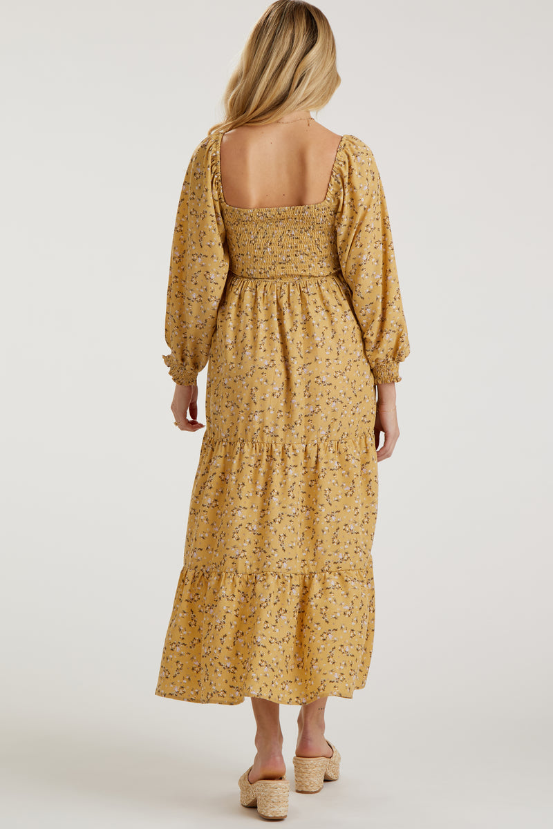 yellow maternity dress long sleeve Yellow Floral Smocked Long Sleeve Maternity Maxi Dress