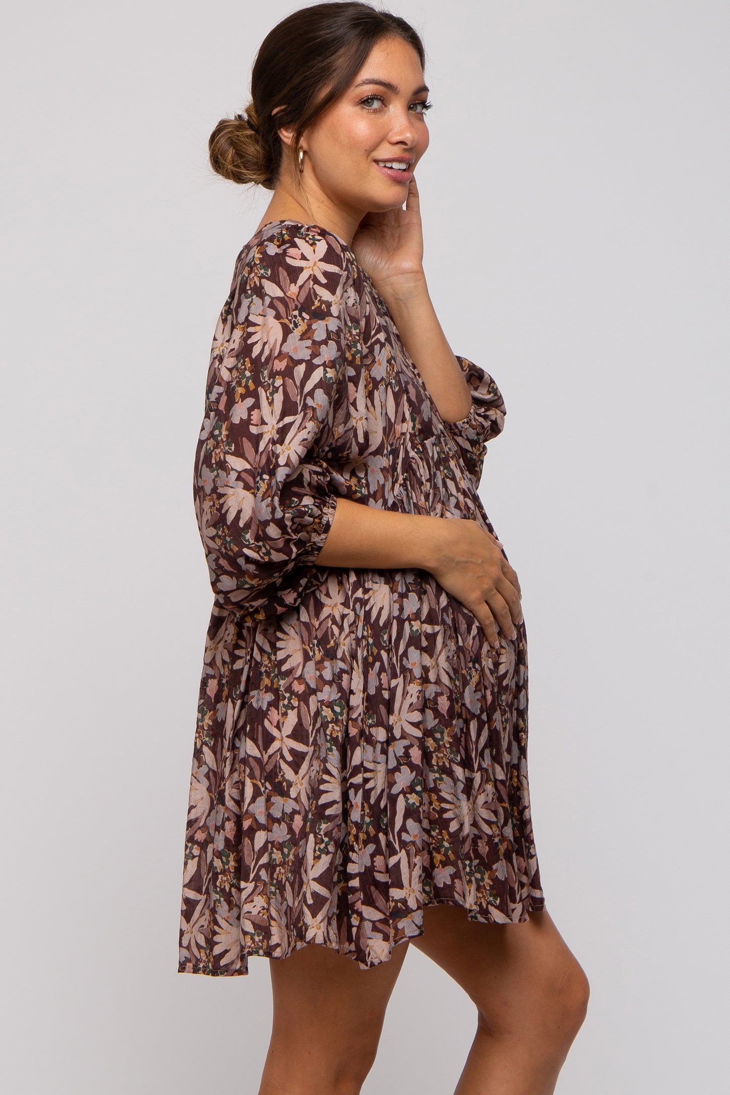 Brown Floral 3/4 Sleeve Maternity Dress PinkBlush Brown Floral 3/4 Sleeve Maternity Dress PinkBlush