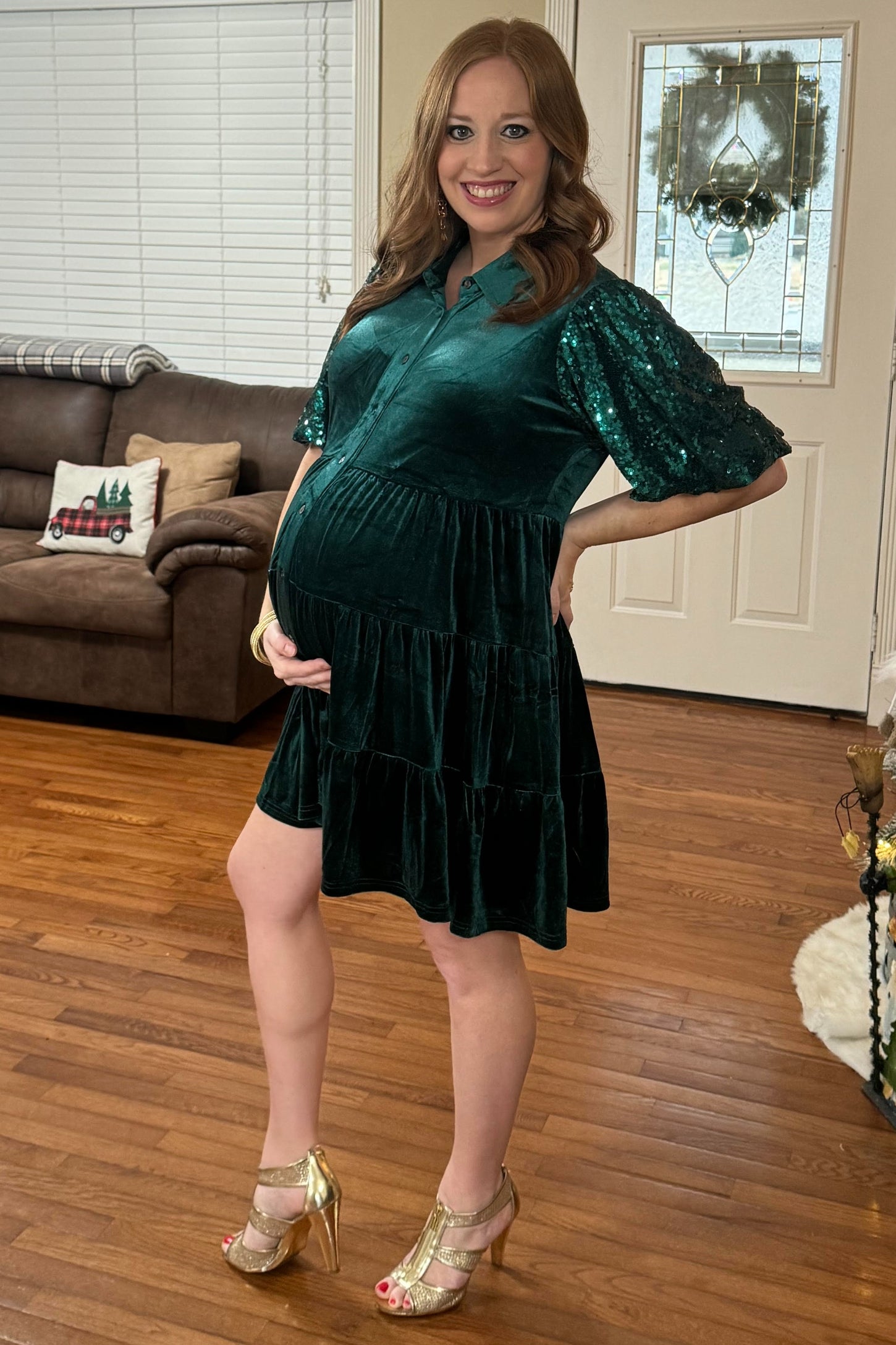 Forest Green Velvet Tiered Sequin Short Sleeve Maternity Dress PinkBlush Forest Green Velvet Tiered Sequin Short Sleeve Maternity Dress PinkBlush