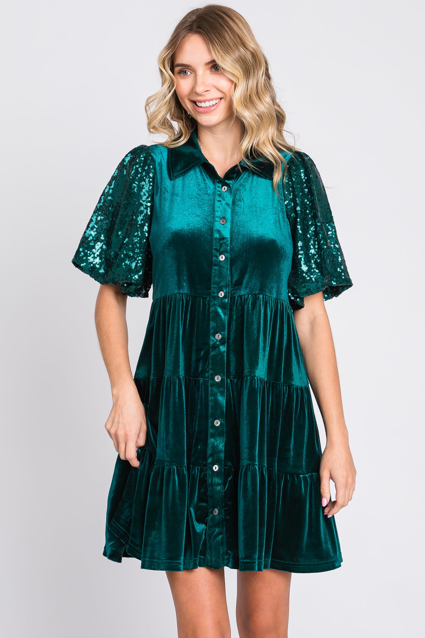 Forest Green Velvet Tiered Sequin Short Sleeve Maternity Dress PinkBlush Forest Green Velvet Tiered Sequin Short Sleeve Maternity Dress PinkBlush