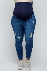 Blue Distressed Crop Skinny Maternity Plus Jeans