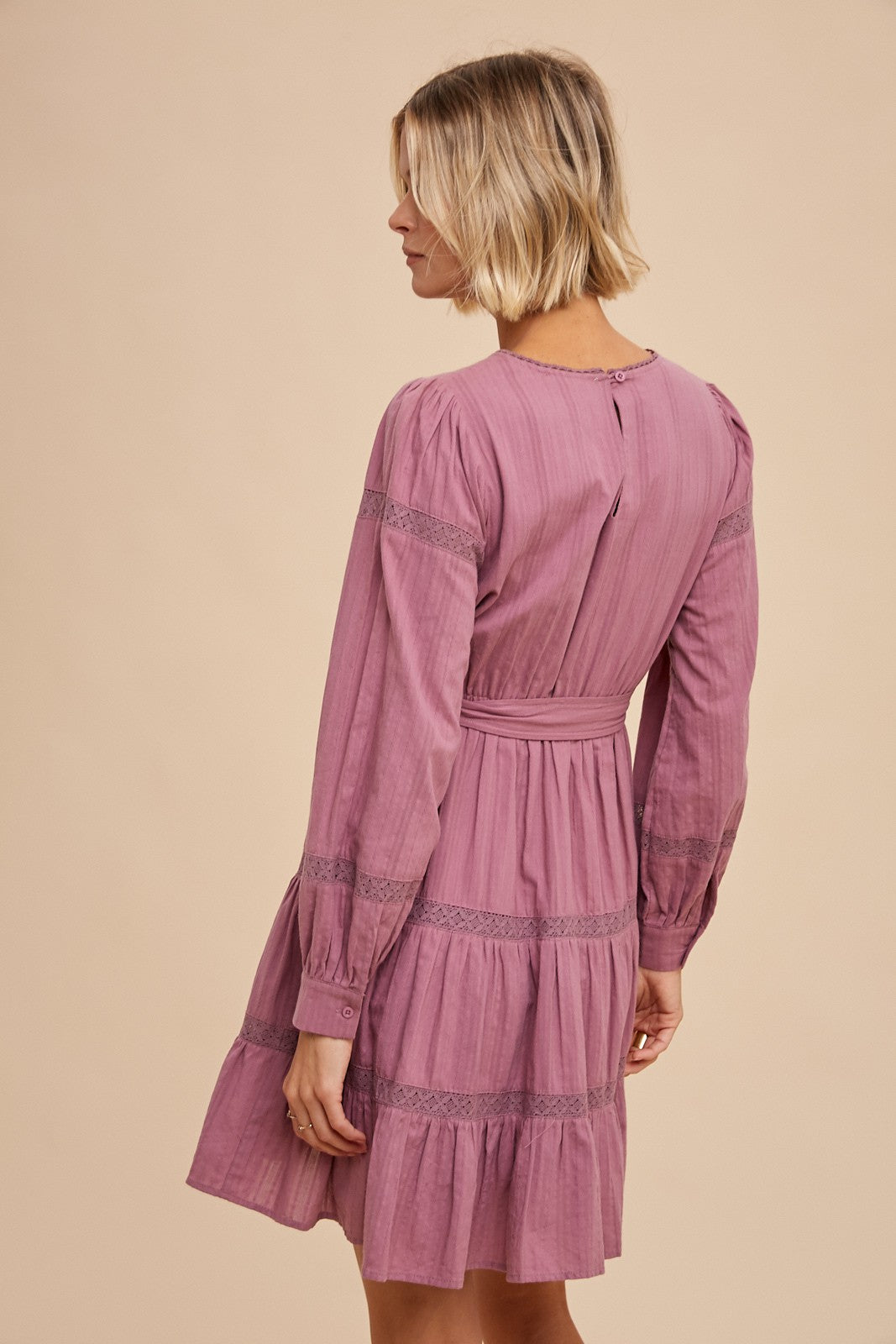 Dark Mauve Lace Inlay Long Sleeve Mini Dress Dark Mauve Lace Inlay Long Sleeve Mini Dress